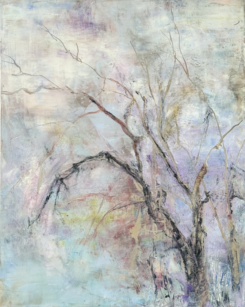 Abstract landscape painting “Evanescence” by Camille Kouyoumdjian, Oil and cold wax, 12x16.