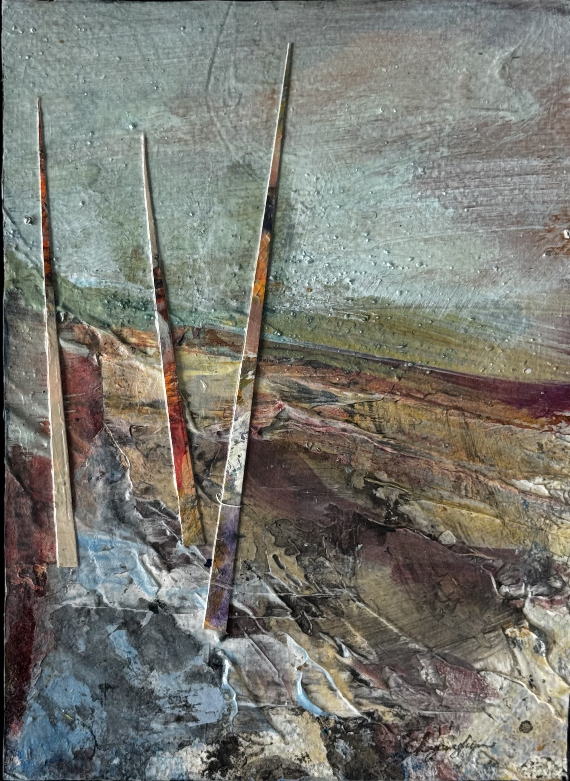 Perspective, small collage abstract landscape with layered torn-paper forms.