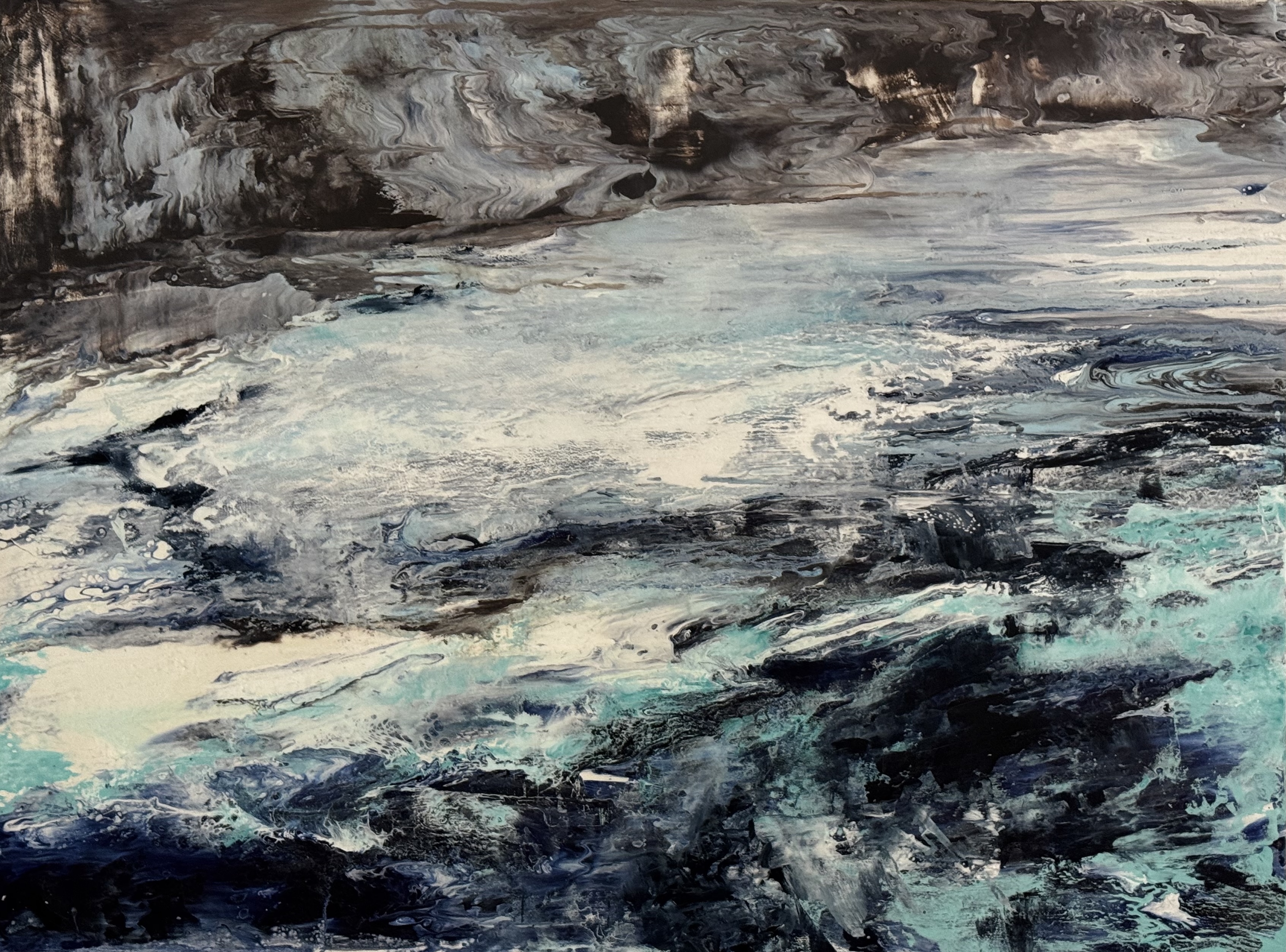 Abstract landscape painting “Between Storm and Stillness” by Camille Kouyoumdjian, Acrylic, 48x36.