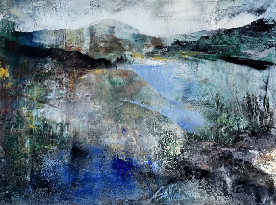 Abstract landscape painting “Harbor Radiance” by Camille Kouyoumdjian, Oil and cold wax, 12x9.