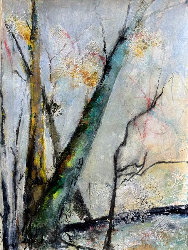 Dark diagonal tree trunks and fine branches cross pale gray and cream layers with turquoise, green, ochre, and soft pink accents.