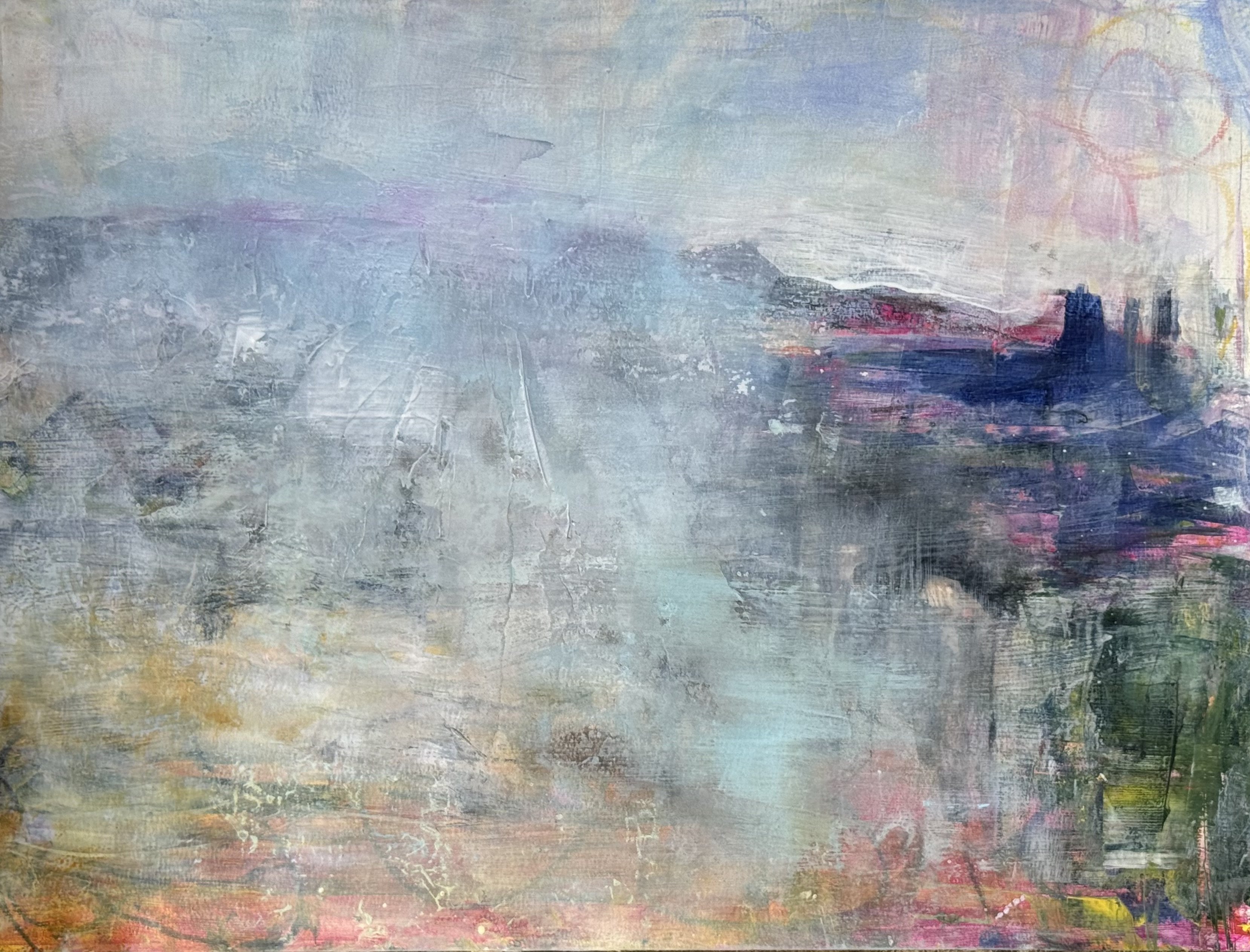 Abstract landscape painting “Sun Rushing In” by Camille Kouyoumdjian, Acrylic/mixed media, 18x24.