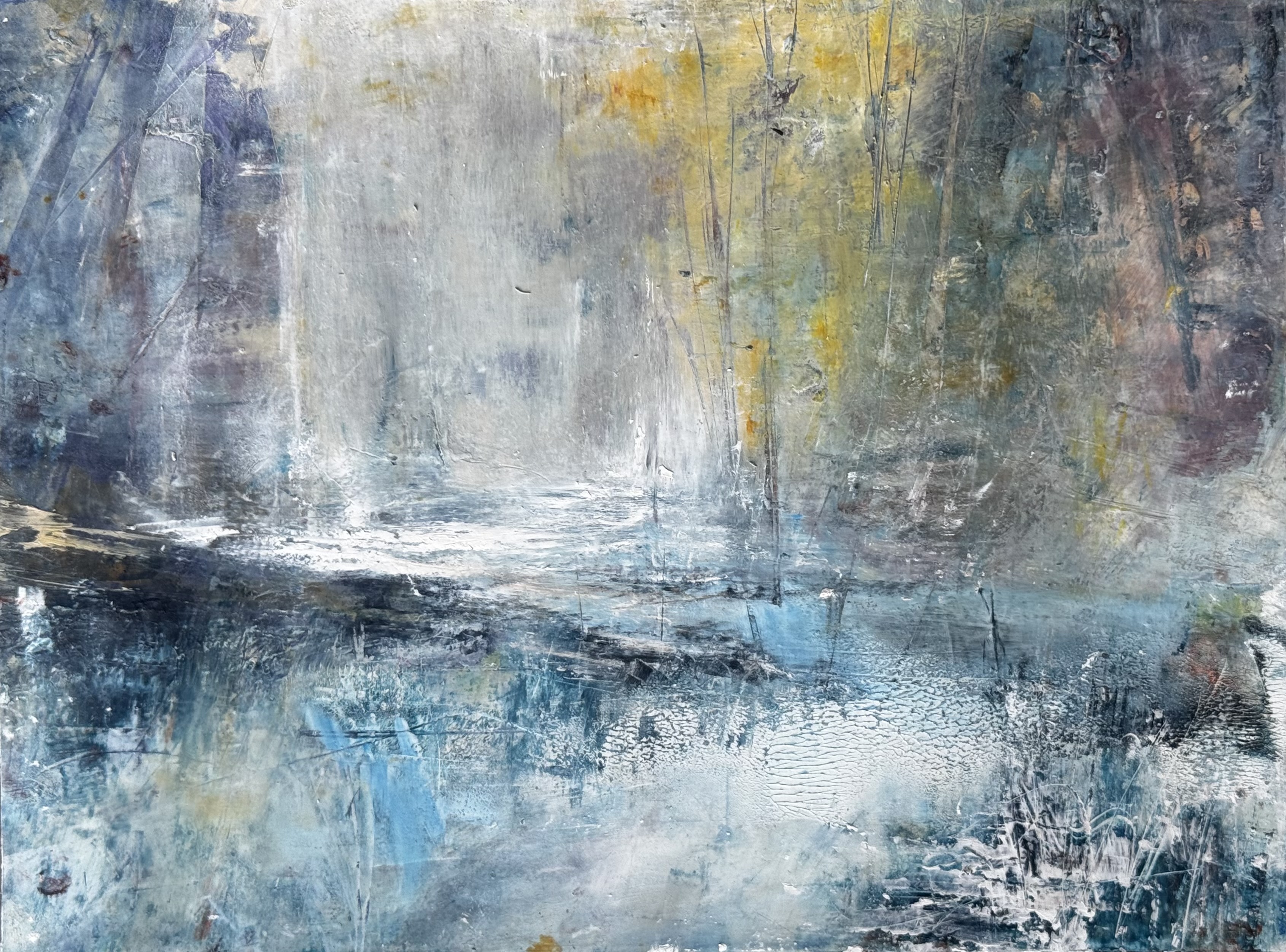 Abstract landscape painting “Light Returns” by Camille Kouyoumdjian, Oil and cold wax, 12x9.
