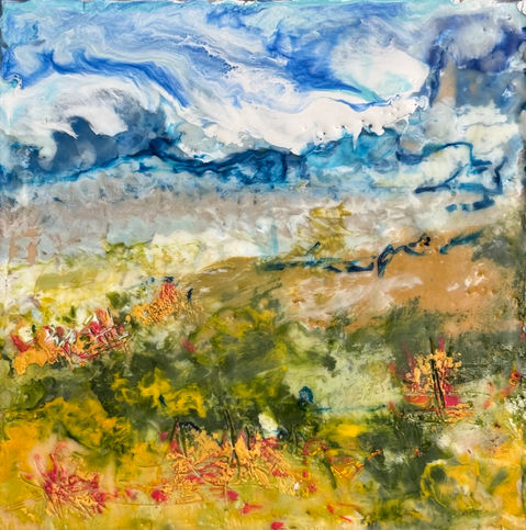 Prairie Picnic, encaustic, 8x8 on cradled panel
