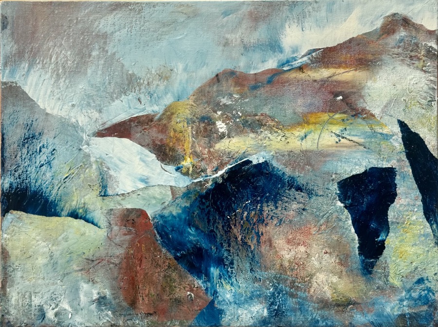 Abstract landscape painting “Lightfall on Stone” by Camille Kouyoumdjian, Oil and cold wax, 12x16.