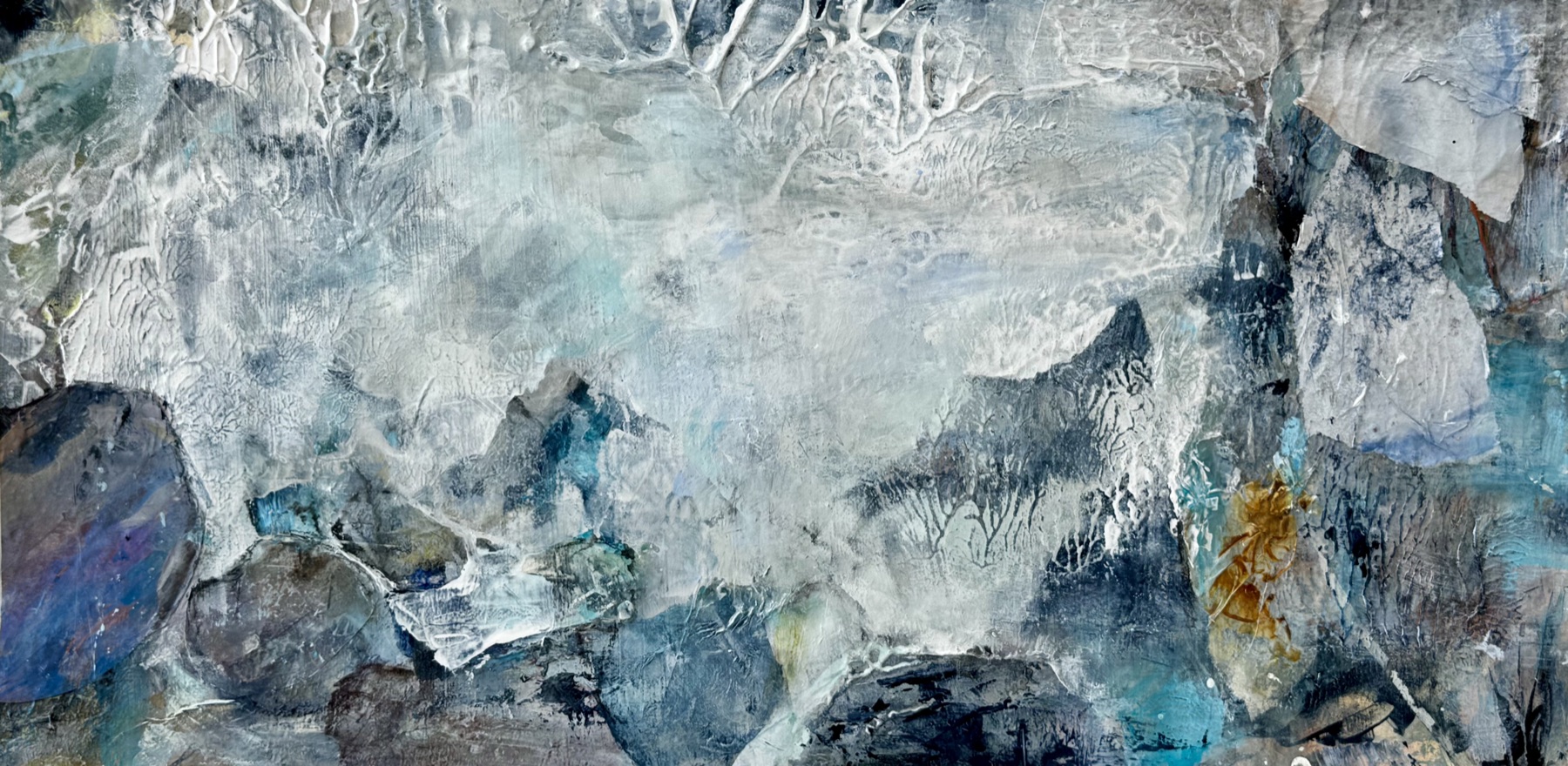 Moonlit Ramble, textured blue and white acrylic collage abstract landscape painting.