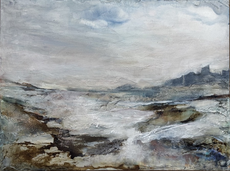 Abstract landscape painting “Dawn Over Granite” by Camille Kouyoumdjian, Acrylic/mixed media, 20x24.
