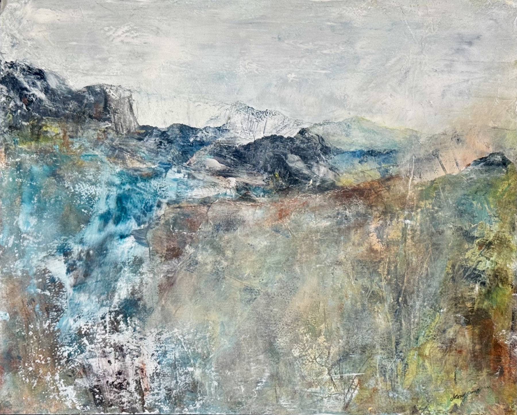 Abstract landscape painting “High Country Light” by Camille Kouyoumdjian, Oil and cold wax, 16x20.