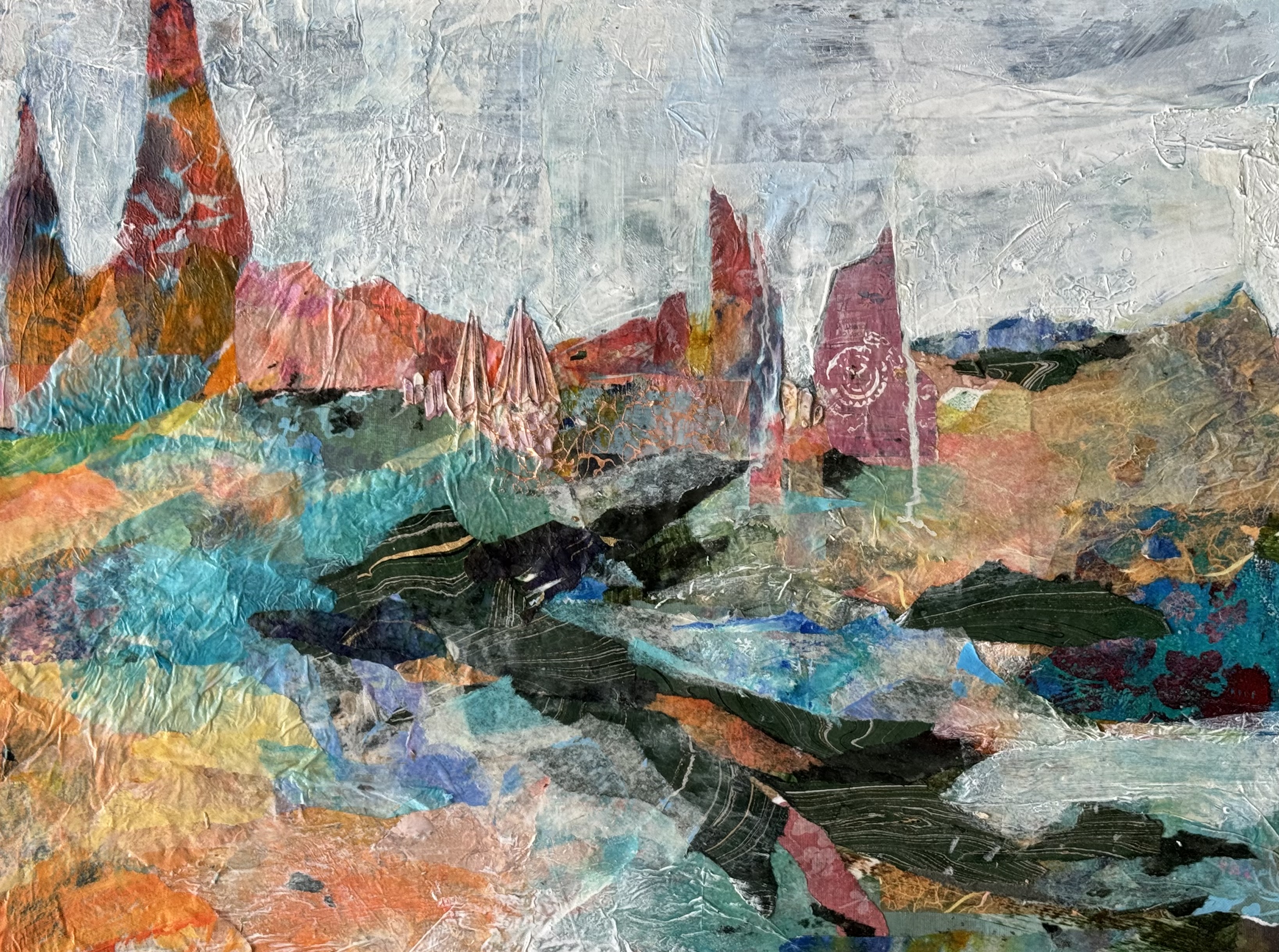 Abstract landscape painting “Dancing in Sunlight” by Camille Kouyoumdjian, Collage/mixed media, 18x24.