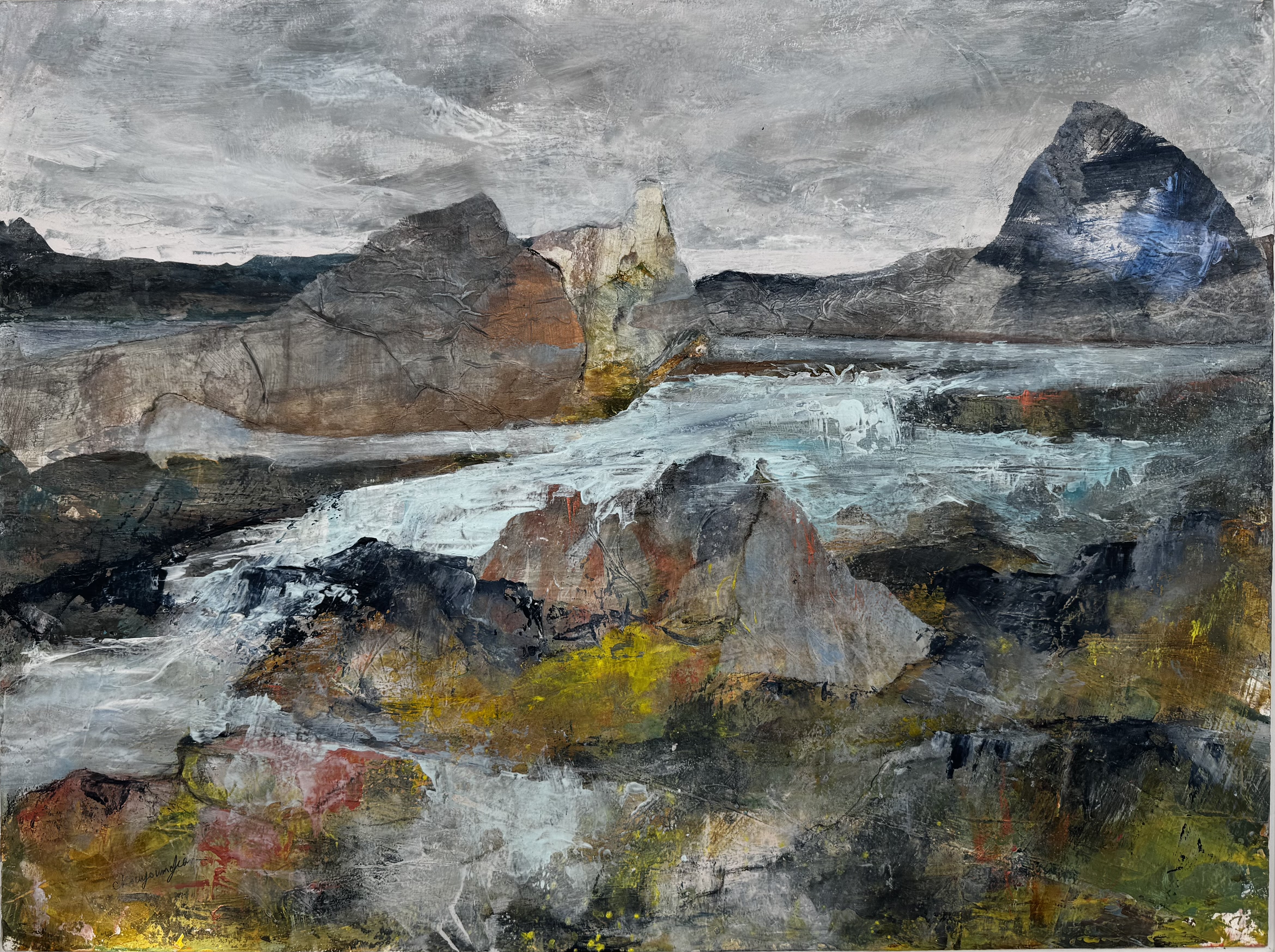 Abstract landscape painting “When You Reach Me” by Camille Kouyoumdjian, Acrylic/collage, 18x24.