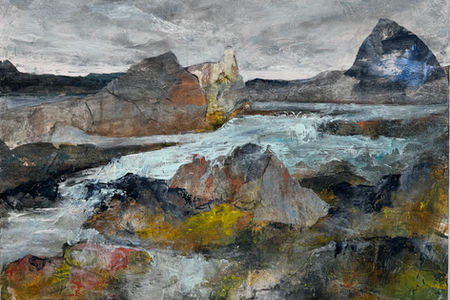 Coastal Bluffs and Tidal Realms explore seasonal change as a force rather than a point in time—where wind carves, light dissolves, and the landscape is reduced to its essential structure. This series of semi-abstract paintings draws from the stark coastlines of Maine and California, translating cold, movement, and exposure into layered, tactile surfaces.