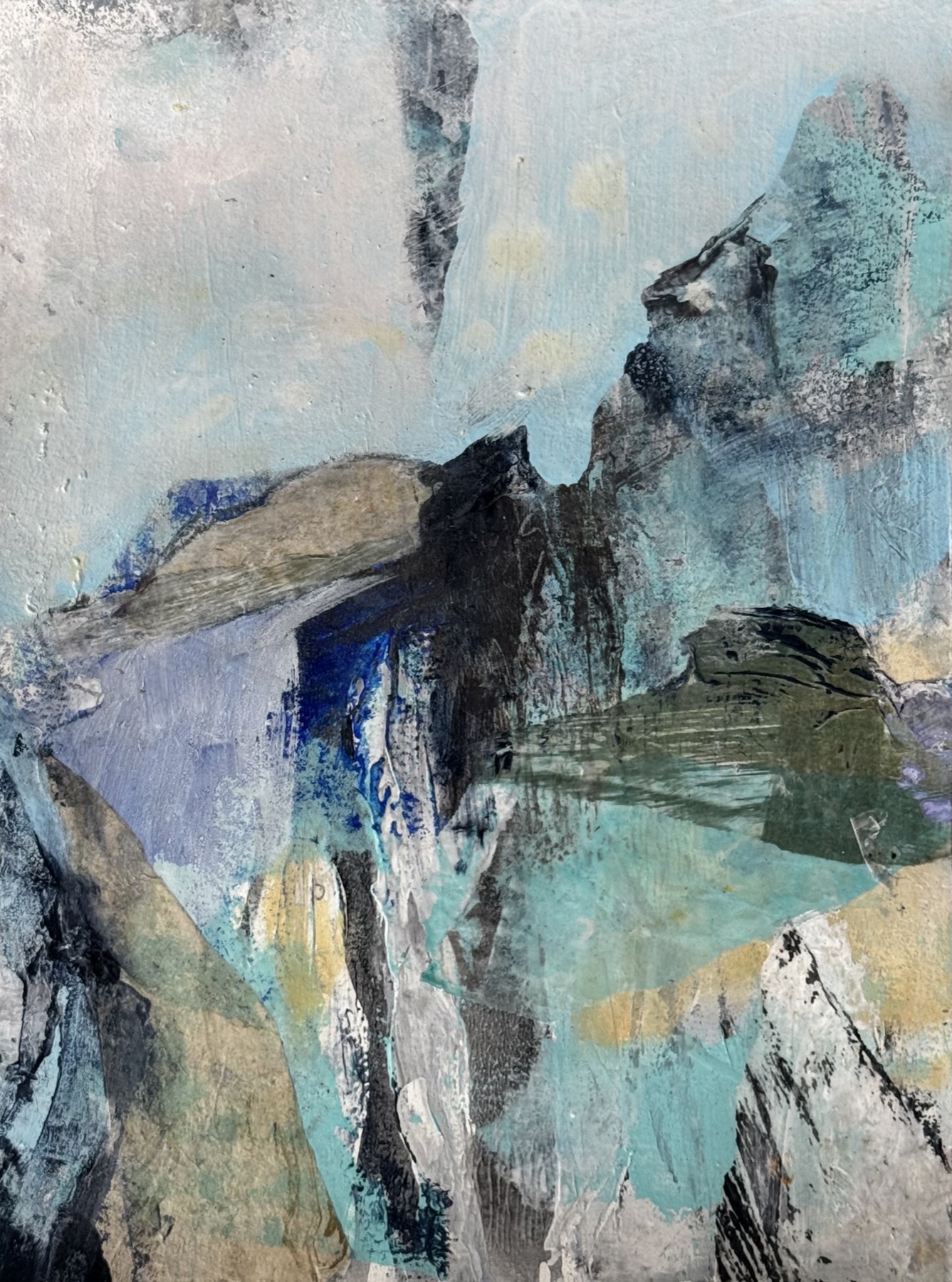 Abstract landscape painting “Edge of the Wind” by Camille Kouyoumdjian, Collage/acrylic, 9x12.