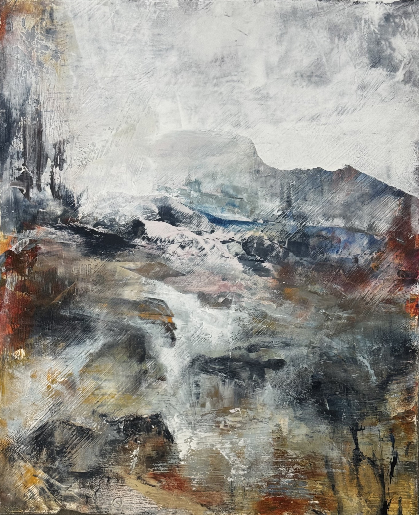 Abstract landscape painting “Hidden Valley” by Camille Kouyoumdjian, Oil and cold wax, 16x20.