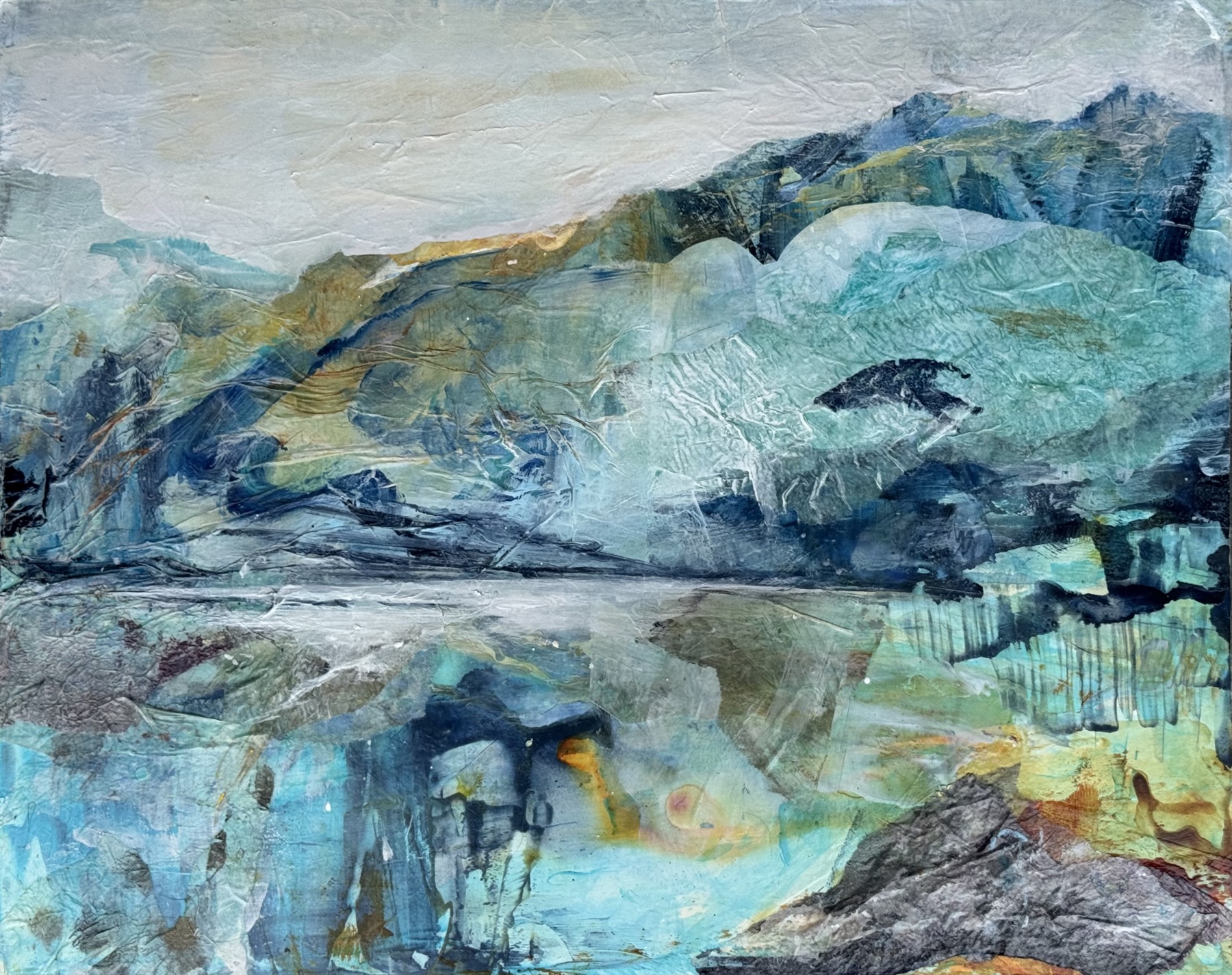 Abstract landscape painting “The Unfixed Shore” by Camille Kouyoumdjian, Acrylic collage, 16x20.