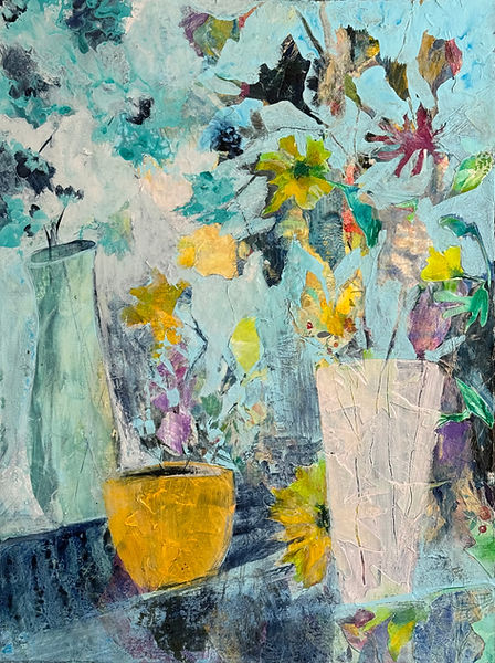 Wild Thing: Yellow and pale flowers emerge among dark stems and fragmented blue-green marks above a golden pot.