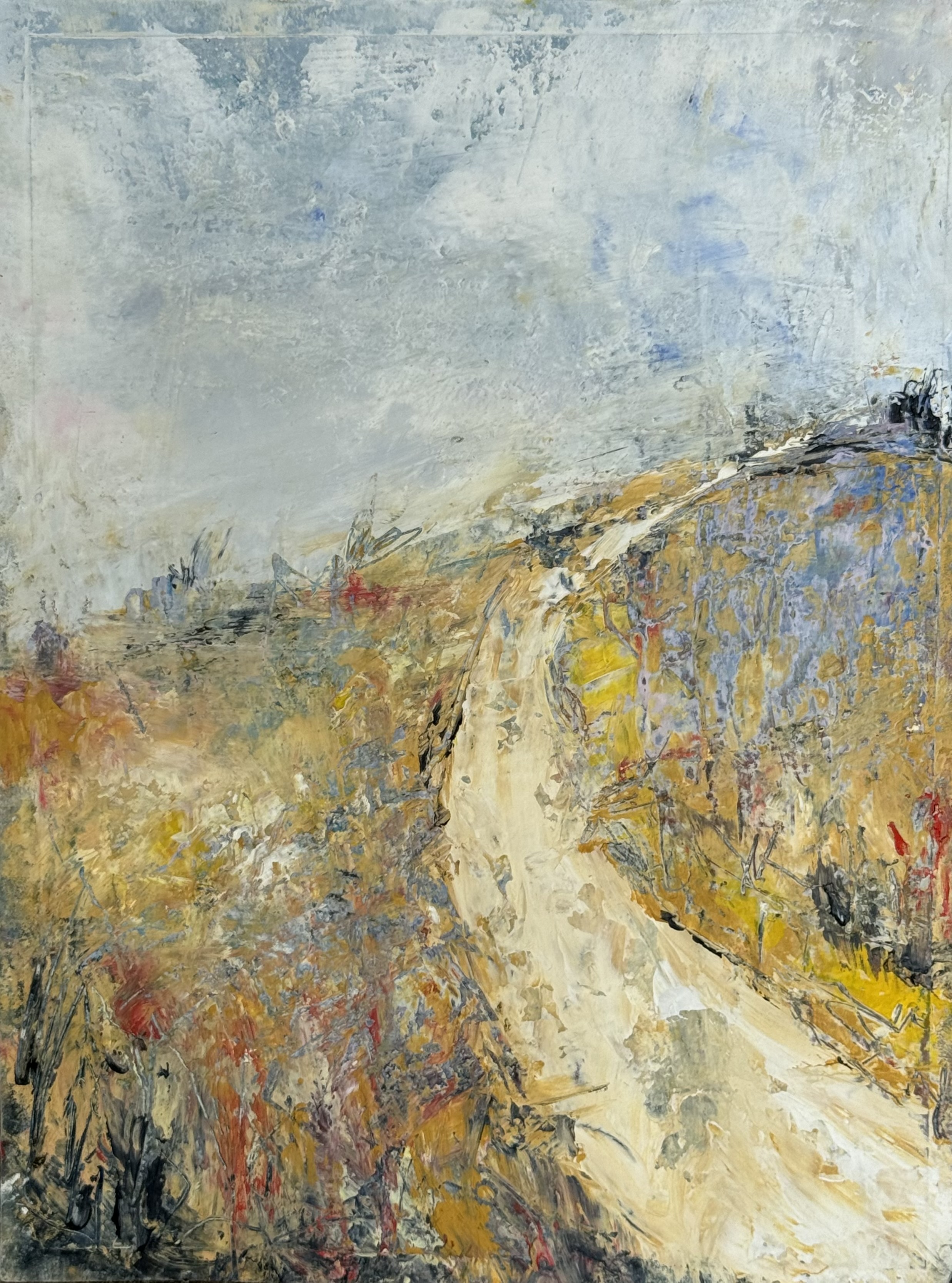 Abstract landscape painting “The Long and Winding Road” by Camille Kouyoumdjian, Oil and cold wax, 9x12.