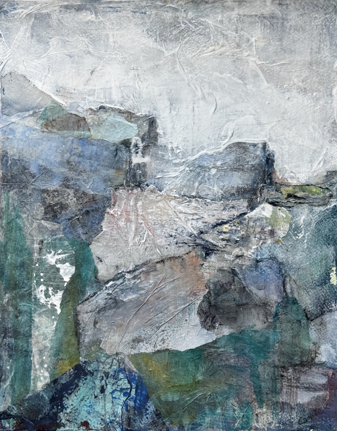 Abstract landscape painting “What the Ice Reveals” by Camille Kouyoumdjian, Acrylic/collage, 11x14.