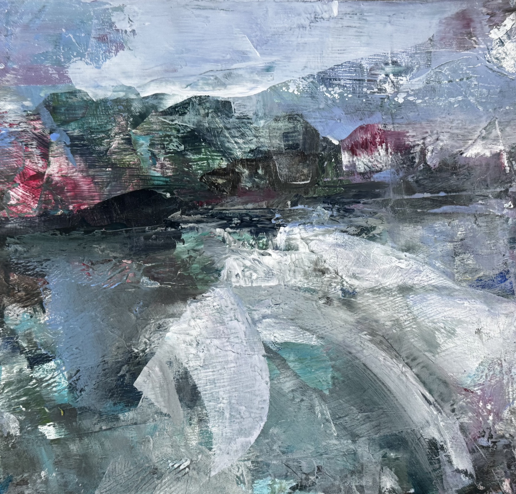 Look Again, textured small abstract landscape painting by Camille Kouyoumdjian.