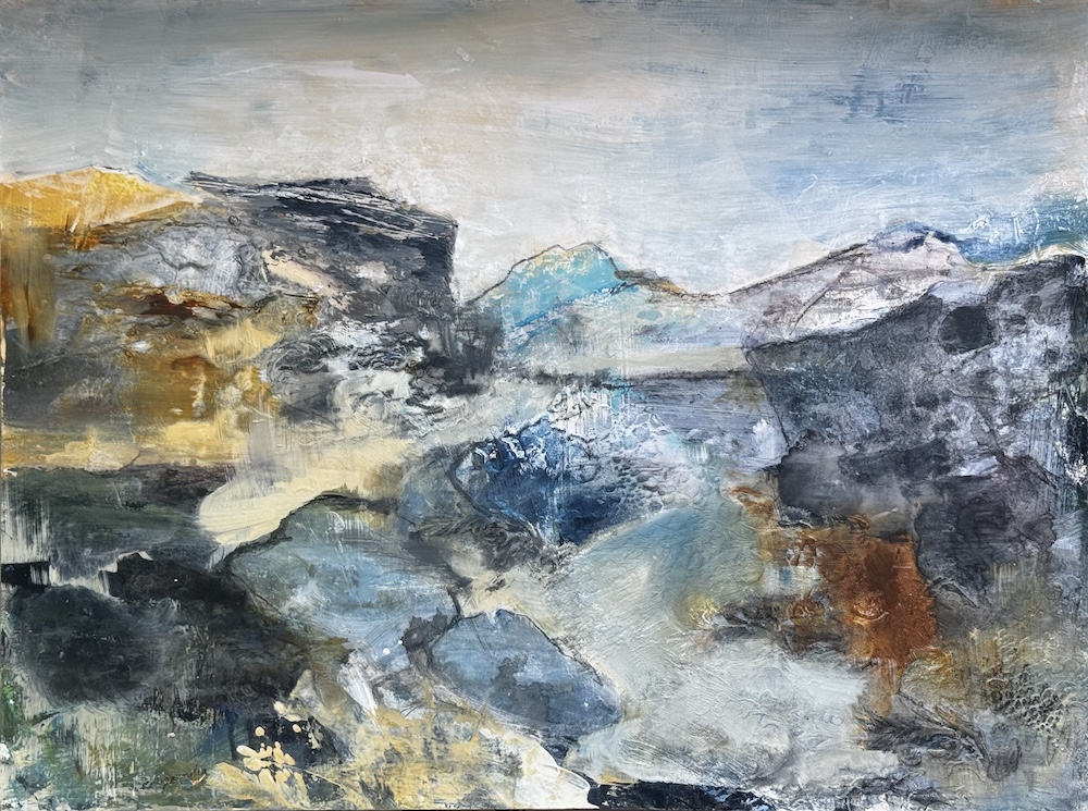 Abstract landscape painting “Shorelight Rising” by Camille Kouyoumdjian, Acrylic mixed media, 24x18.