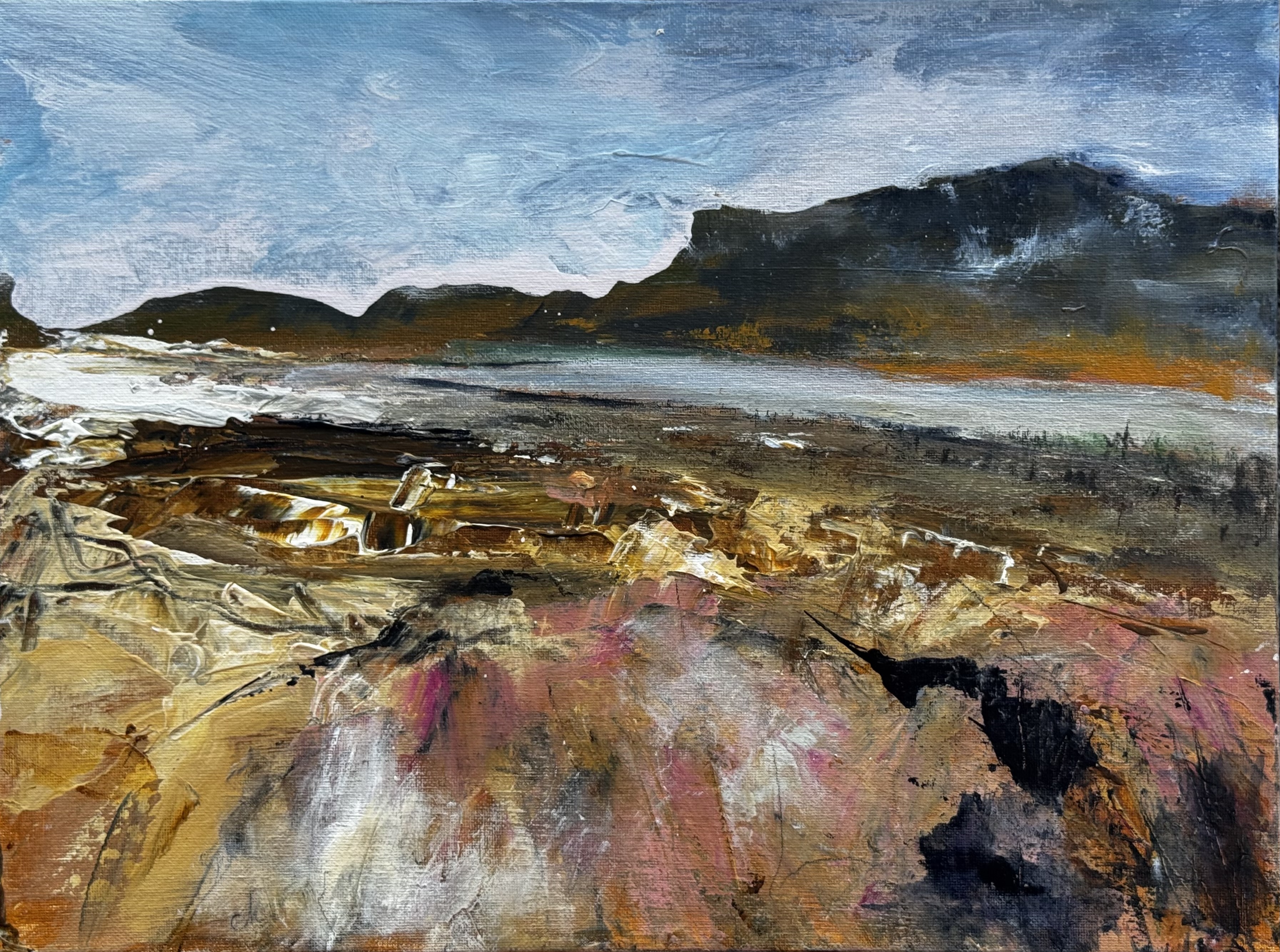 Abstract landscape painting “Storied Sediments” by Camille Kouyoumdjian, Acrylic, 16x12.