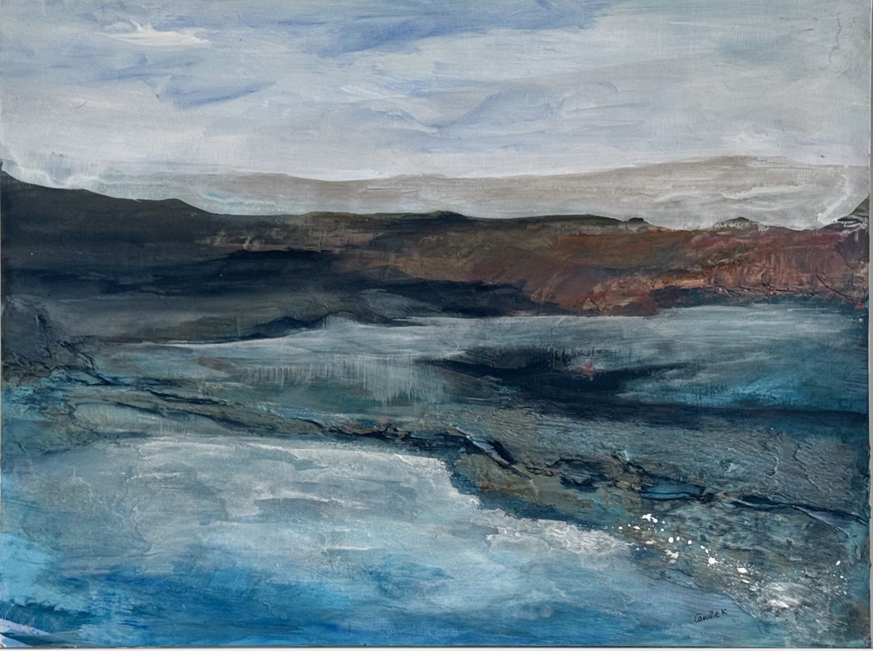 Abstract landscape painting “A Different Kind of Stillness” by Camille Kouyoumdjian, Acrylic, 18x24.