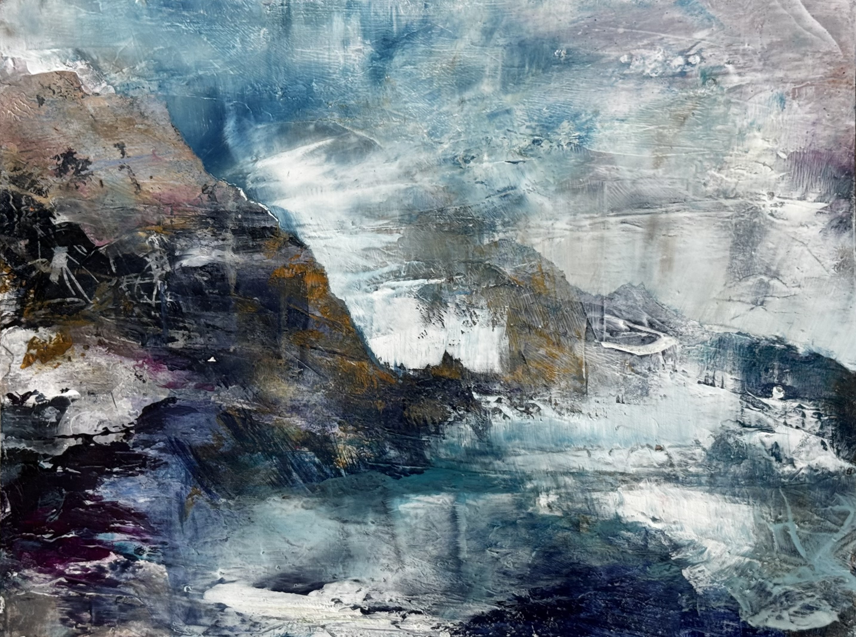 Abstract landscape painting “The Breathing Shore” by Camille Kouyoumdjian, Oil and cold wax, 12x9.