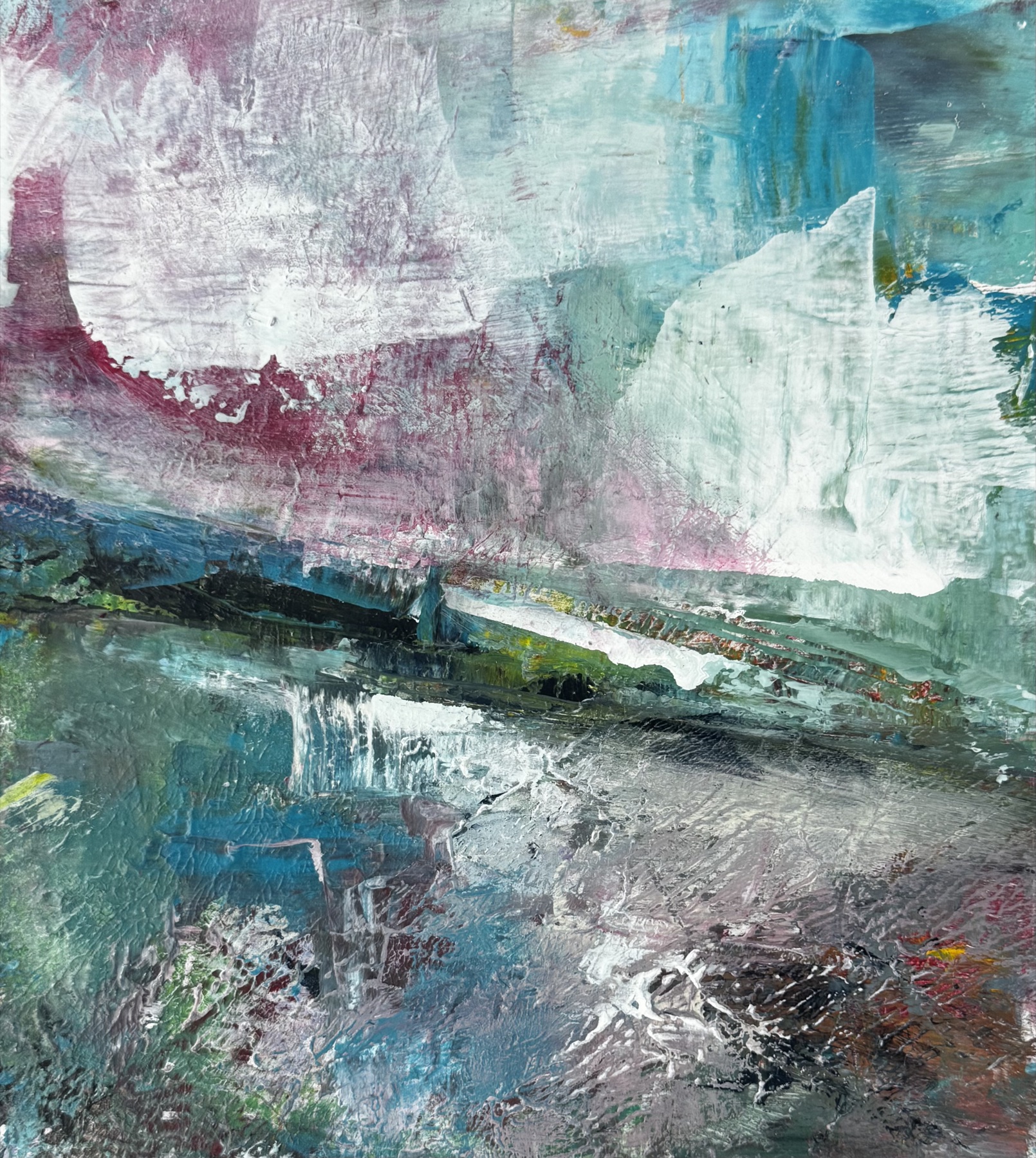 Musical Daydream, textured small abstract landscape painting with rhythmic layered marks.