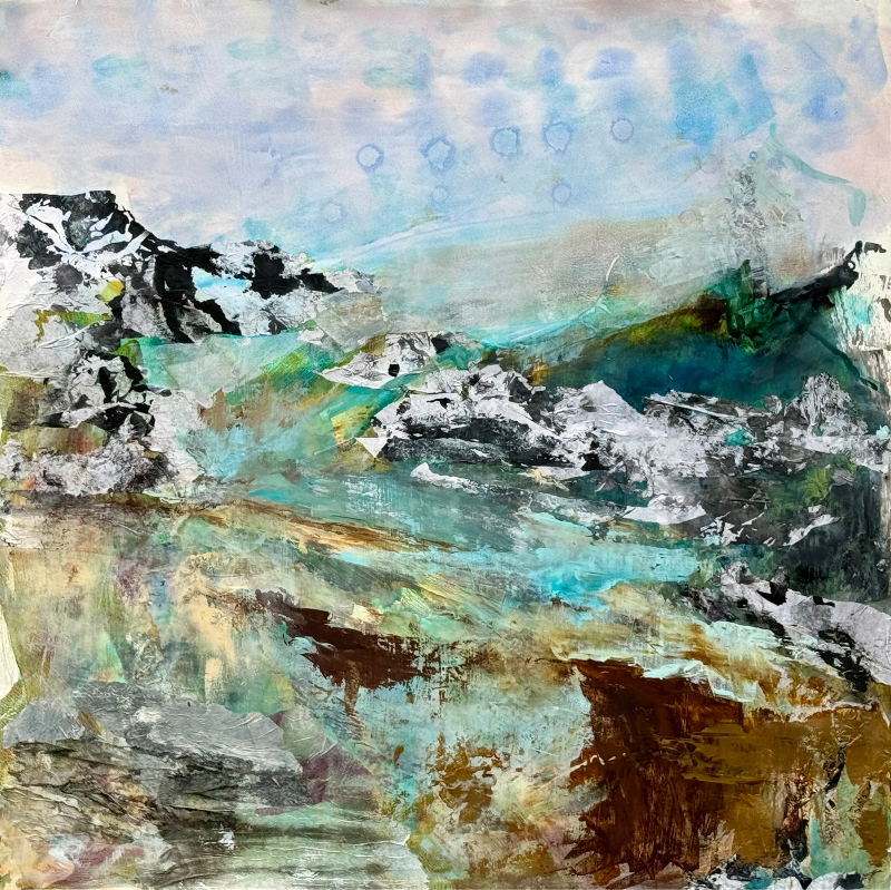 Abstract landscape painting “Time Again” by Camille Kouyoumdjian, Acrylic/collage, 30x30.
