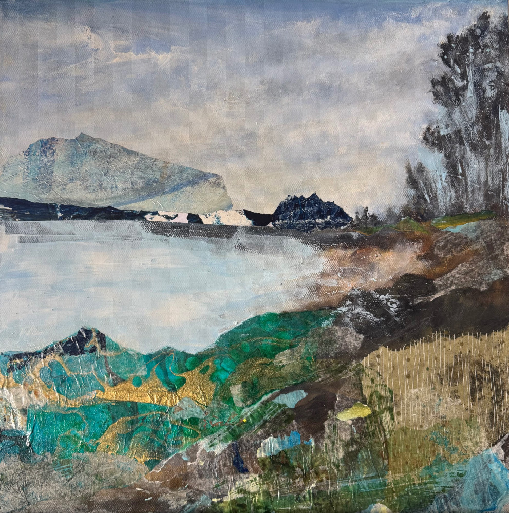 Abstract landscape painting “Seal Cove Beach” by Camille Kouyoumdjian, Acrylic/collage, 20x20.