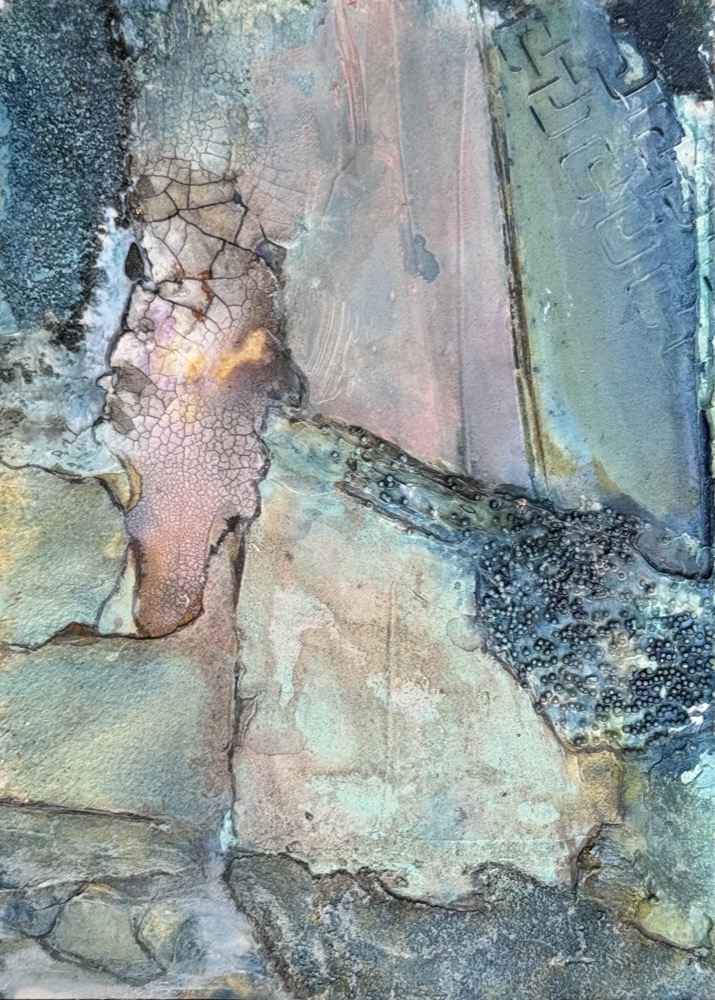 Rock My World, textured small abstract landscape painting with rugged rock-like forms.