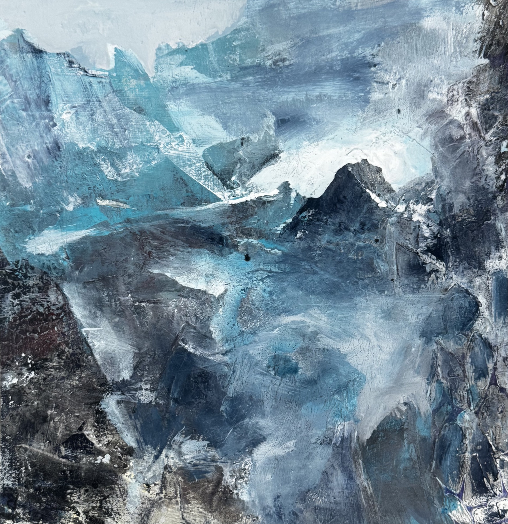 Only Blue Skies, small blue abstract landscape painting by Camille Kouyoumdjian.