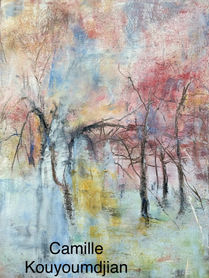 Arboreal Bloom, 12 x 16 oil and cold wax abstract tree painting with pink blooms and blue sky