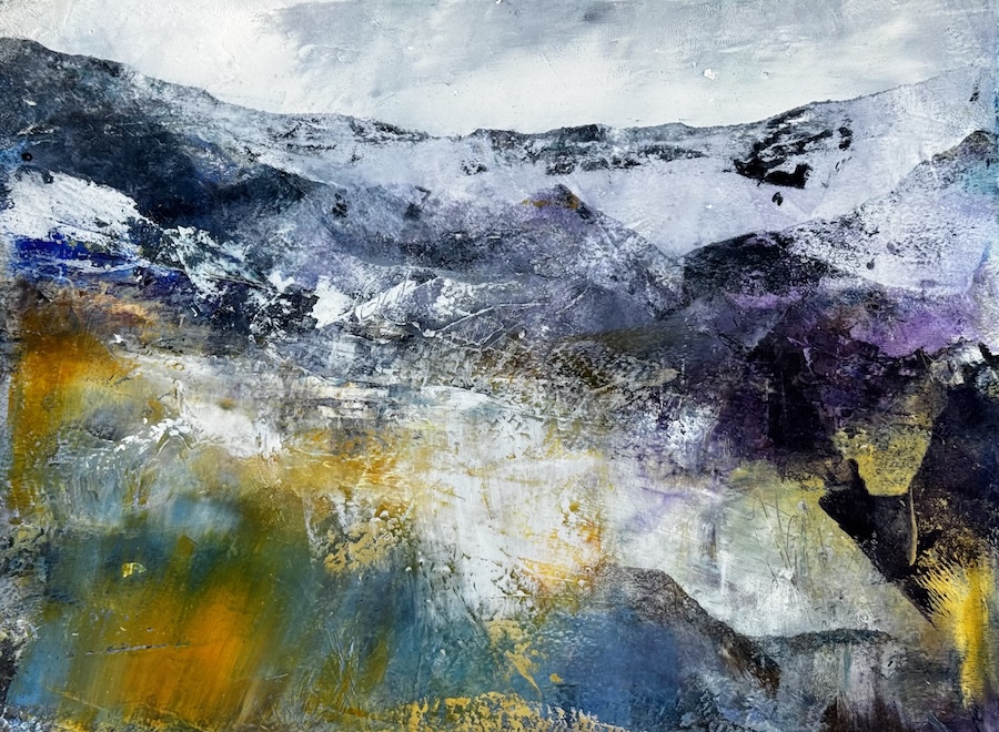 Abstract landscape painting “Transient Earth” by Camille Kouyoumdjian, Oil and cold wax, 11x15.
