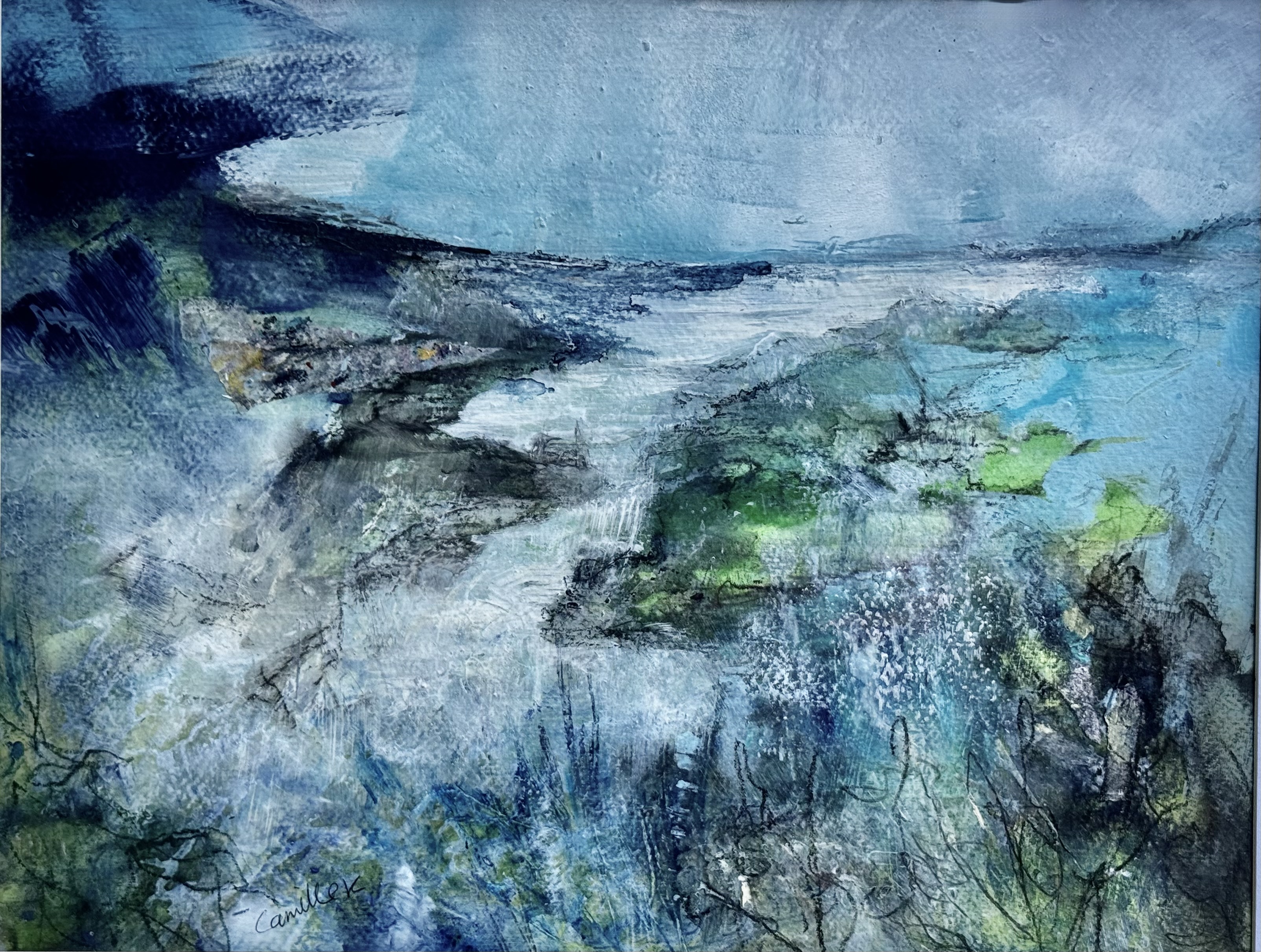 Abstract landscape painting “Enchanted Waters” by Camille Kouyoumdjian, Acrylic mixed media, 11x14.