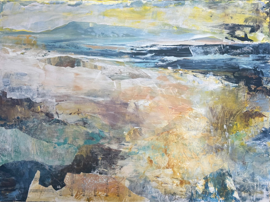 Abstract landscape painting “Vast Tomorrows” by Camille Kouyoumdjian, Acrylic/collage, 22x30.