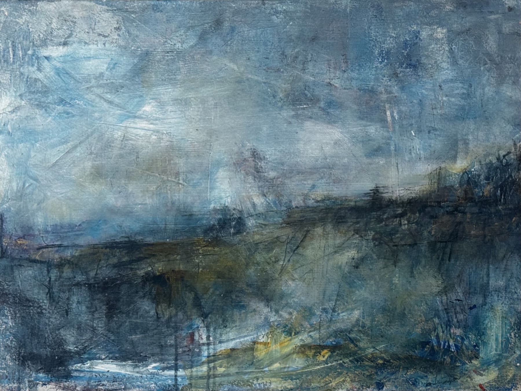 Abstract landscape painting “Daylight Again” by Camille Kouyoumdjian, Acrylic, 24x18.