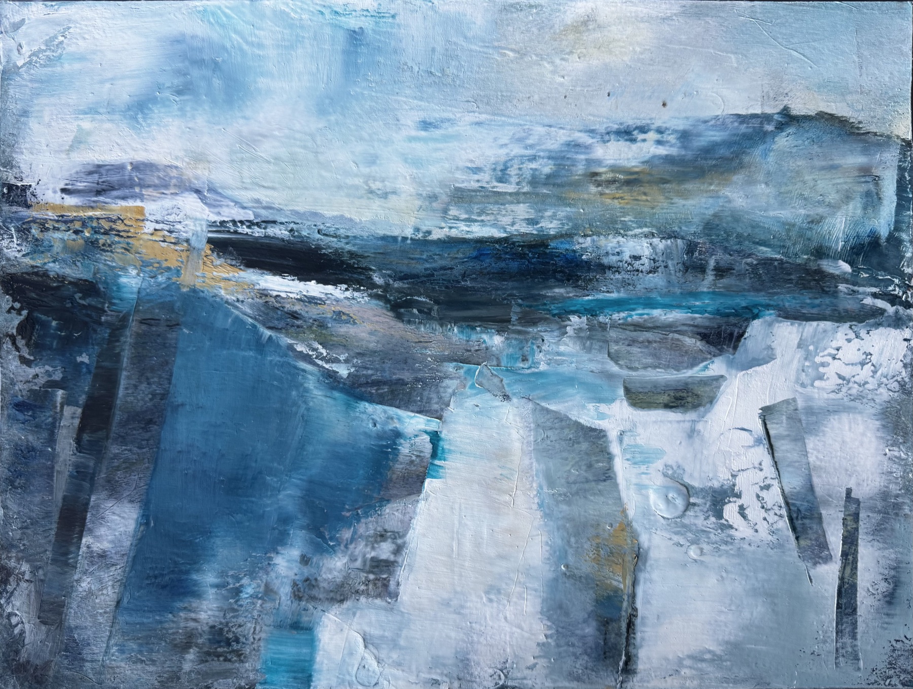 Abstract landscape painting “Elemental Pulse” by Camille Kouyoumdjian, Oil and cold wax, 9x12.