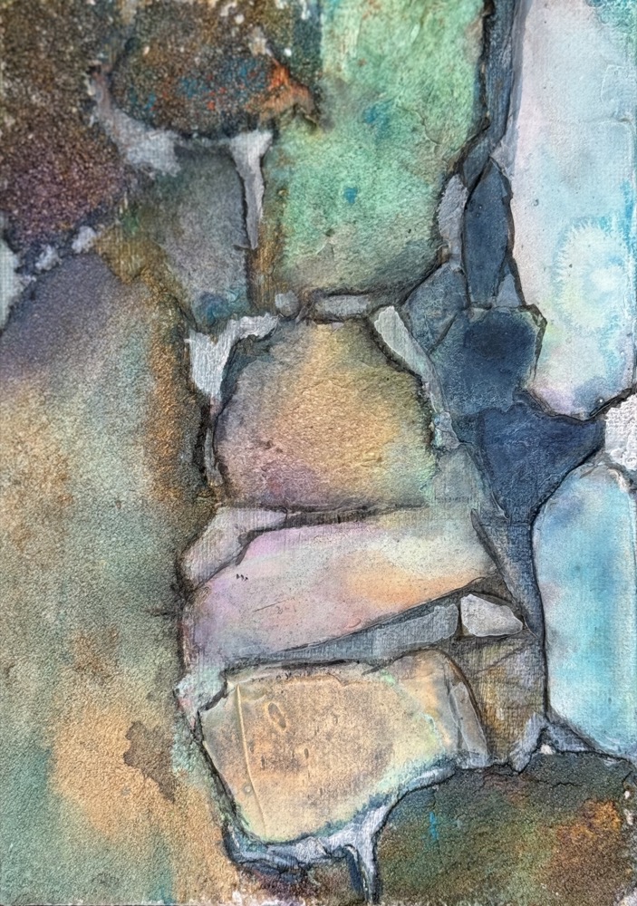 Rock of Ages, small textured abstract painting with weathered stone-like shapes.