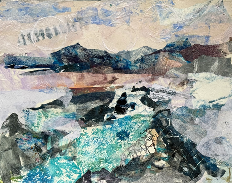 Harmony's Embrace, collage painting depicting mountains, sea, and sky, 22 x 28 