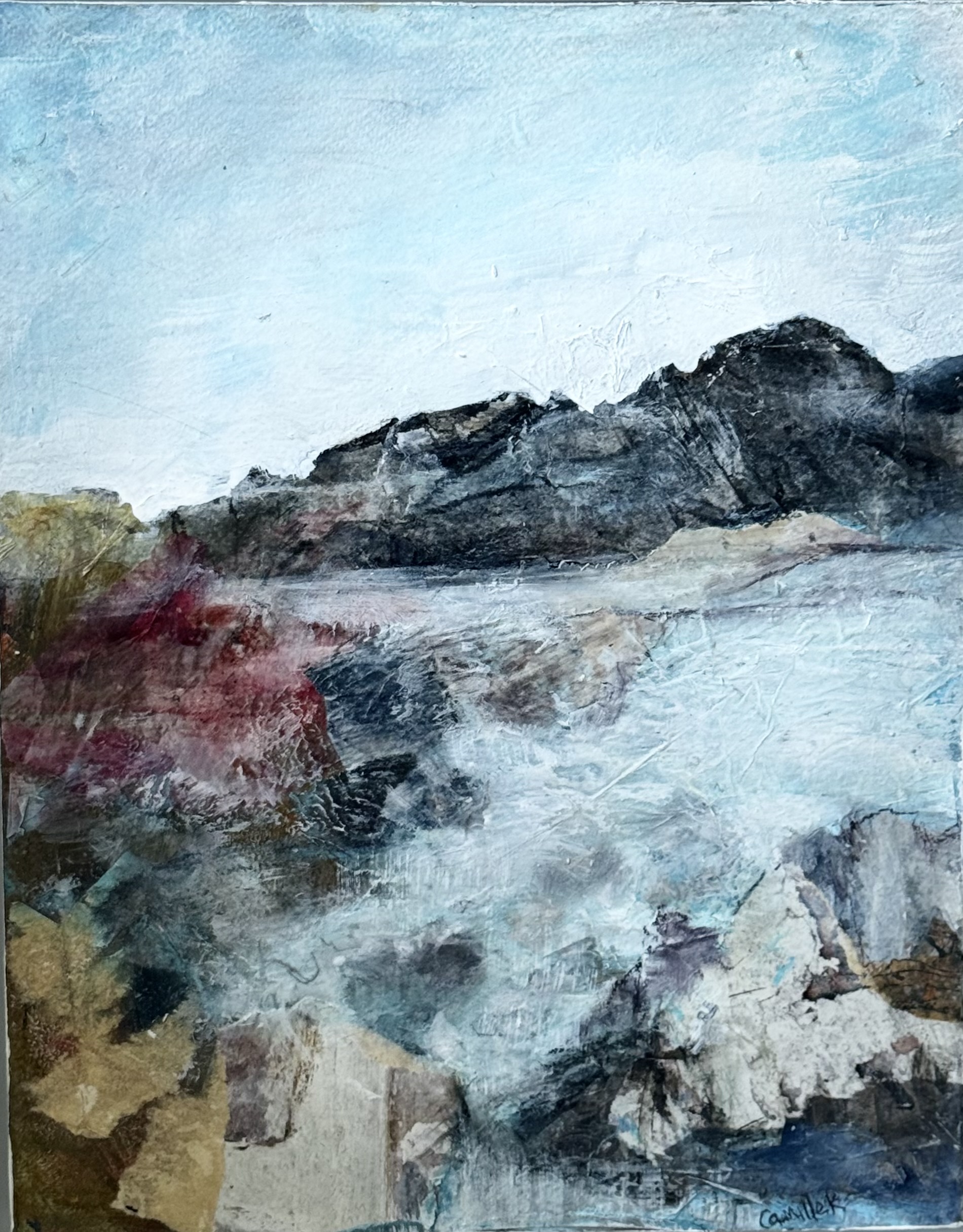 Abstract landscape painting “Alpine Reflections” by Camille Kouyoumdjian, Acrylic collage, 11x14.