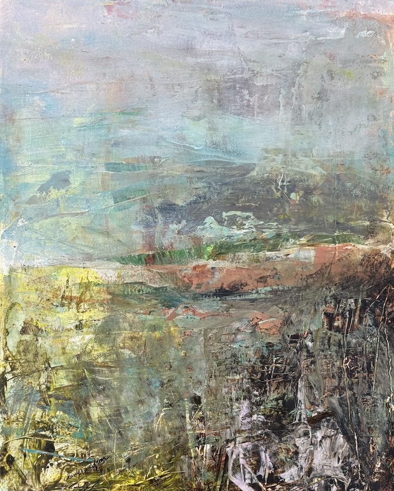 Abstract landscape painting “Autumn Mist” by Camille Kouyoumdjian, Acrylic, 16x20.
