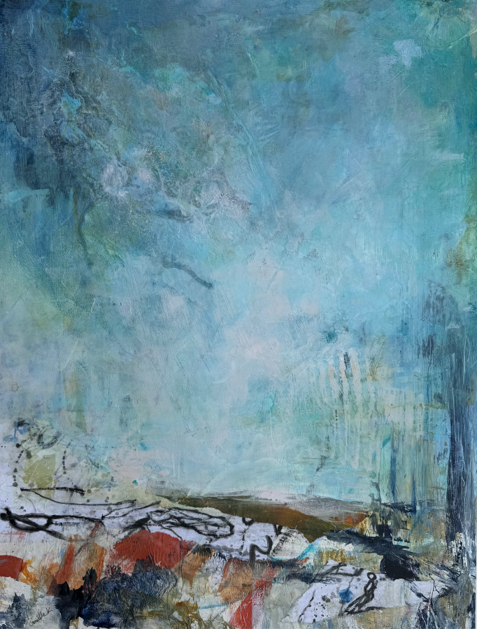 Abstract landscape painting “Granite and Mist” by Camille Kouyoumdjian, Mixed media, 18x24.