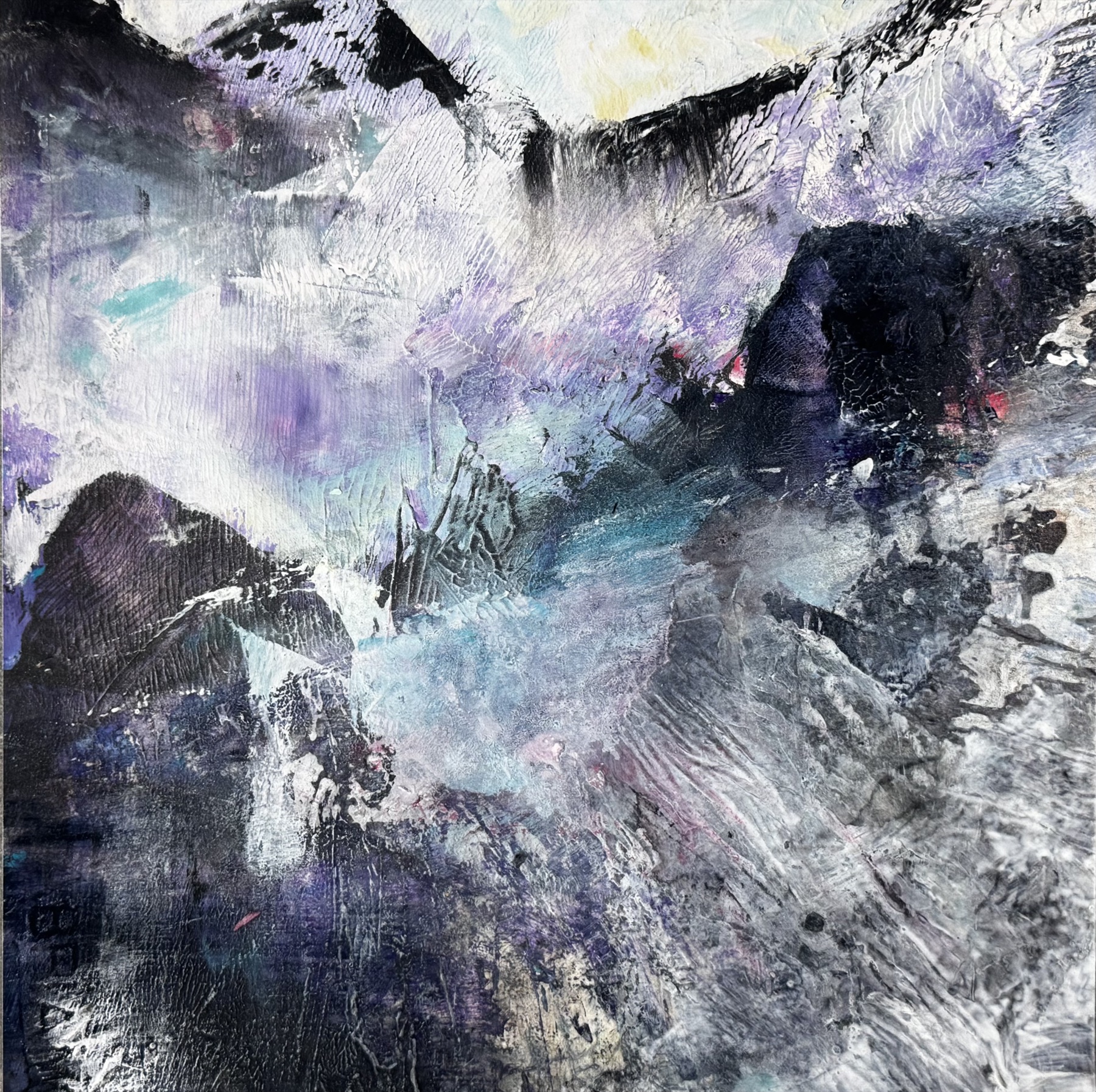 Wind vs. Water, purple-toned abstract landscape painting suggesting wind and water.