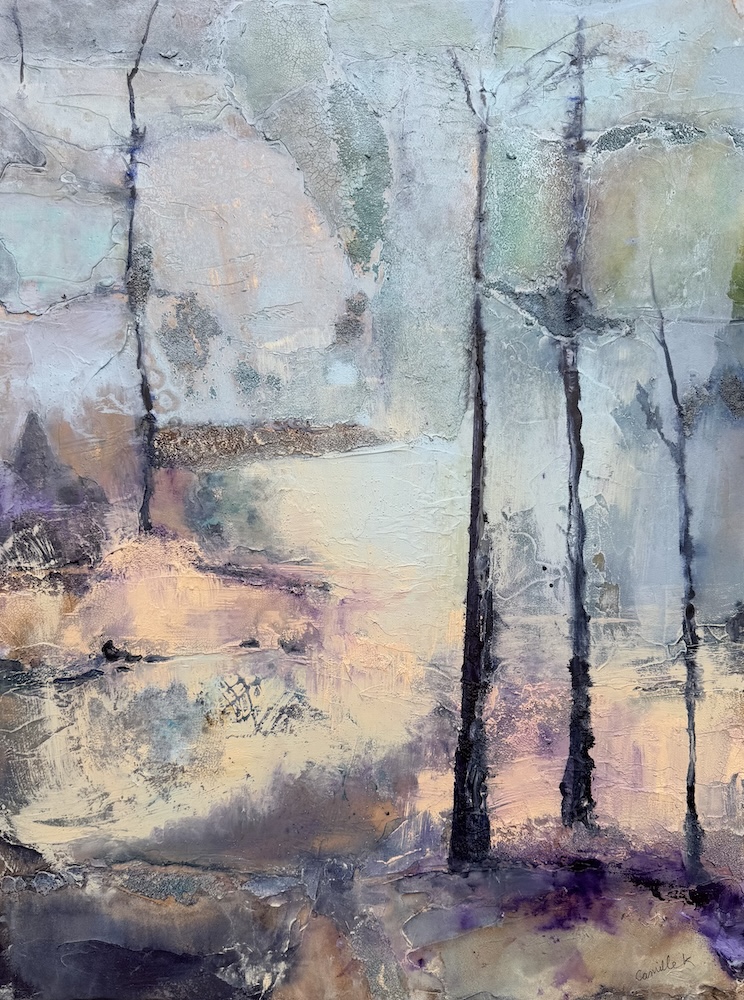 Abstract landscape painting “Rooted in Time” by Camille Kouyoumdjian, Mixed media, 18x24.