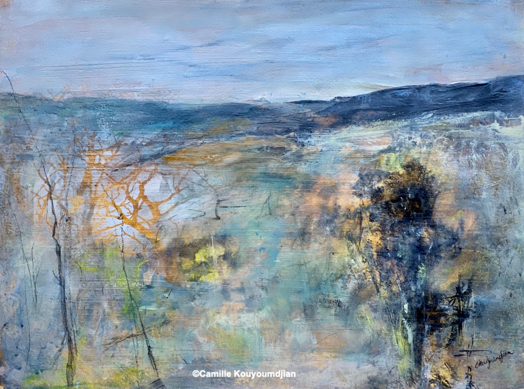Abstract landscape painting “Daylight Remains” by Camille Kouyoumdjian, Mixed media, 24x18.