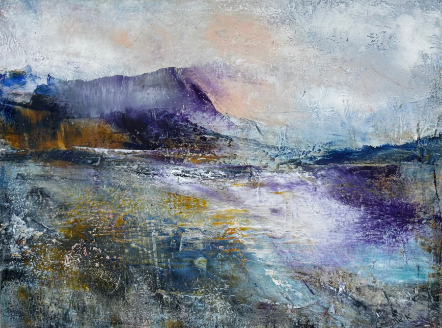 Abstract landscape painting “Great Harbor Mist” by Camille Kouyoumdjian, Oil and cold wax, 12x9.