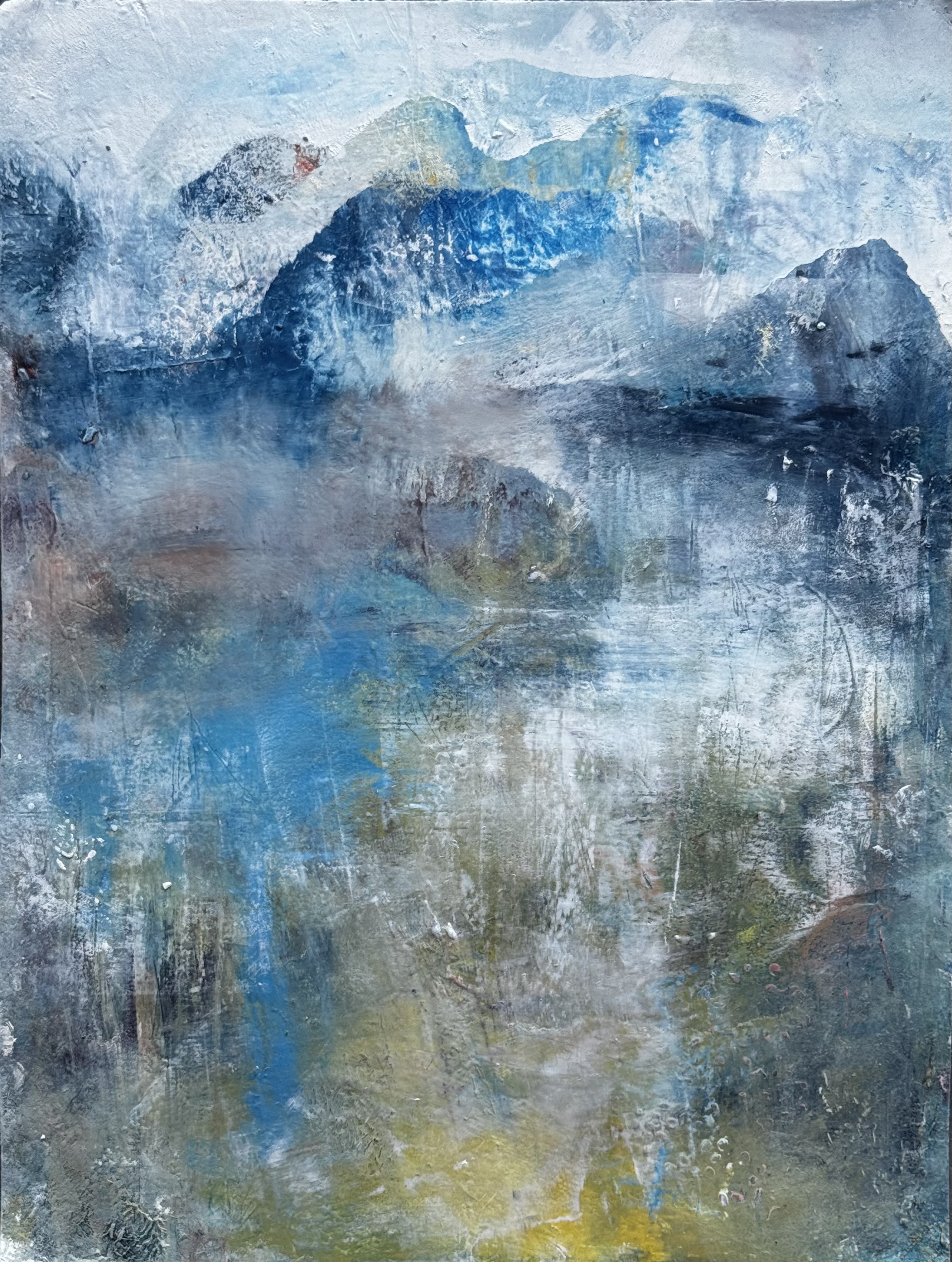 Abstract landscape painting “Sunlit Passage” by Camille Kouyoumdjian, Oil and cold wax, 12x16.