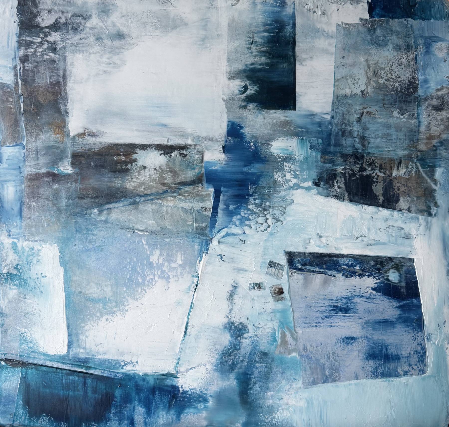 Abstract landscape painting “Driftwood” by Camille Kouyoumdjian, Oil and cold wax, 13x15.