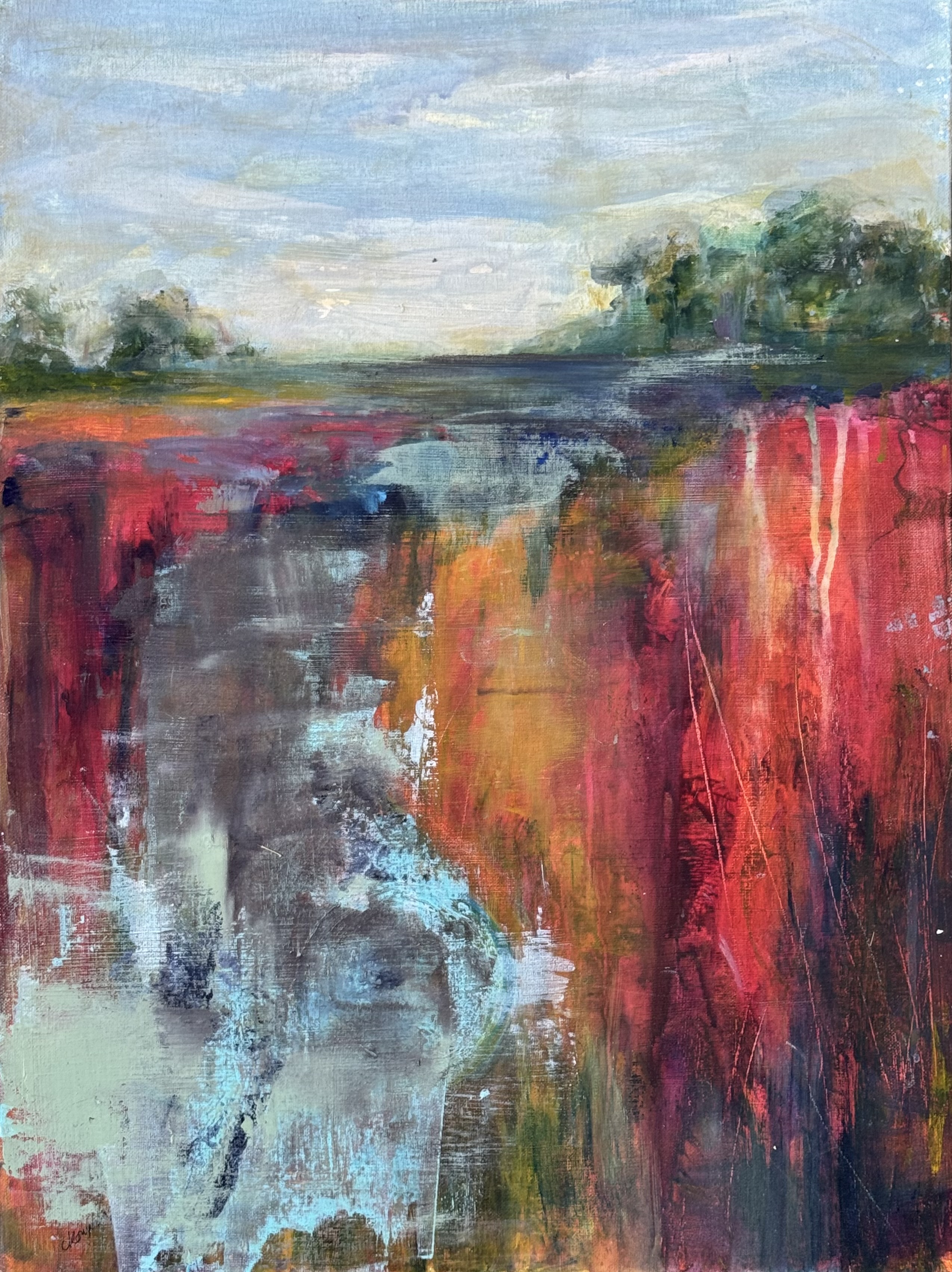 Abstract landscape painting “Primary Notions” by Camille Kouyoumdjian, Acrylic, 18x24.