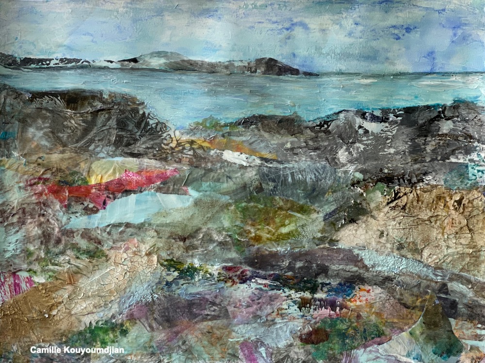 Abstract landscape painting “Petrified Sunlight” by Camille Kouyoumdjian, Acrylic collage, 24x18.